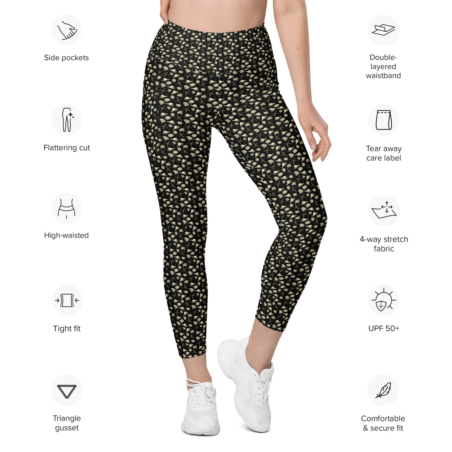 SALLY'S SEASHELLS ON BLACK - Leggings with Pockets