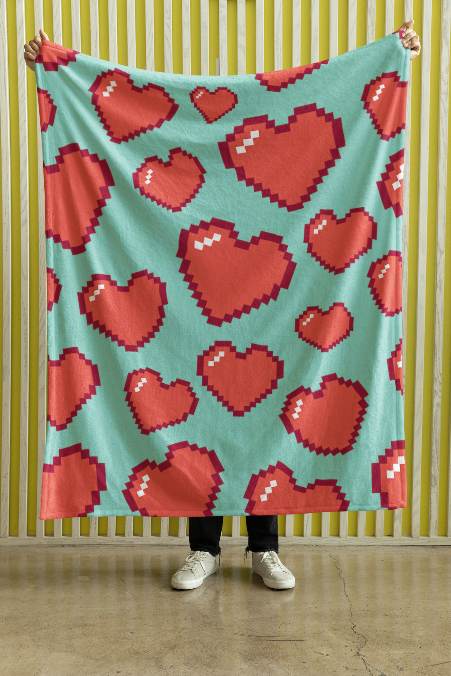 8bit Hearts Fleece Blanket Aqua
