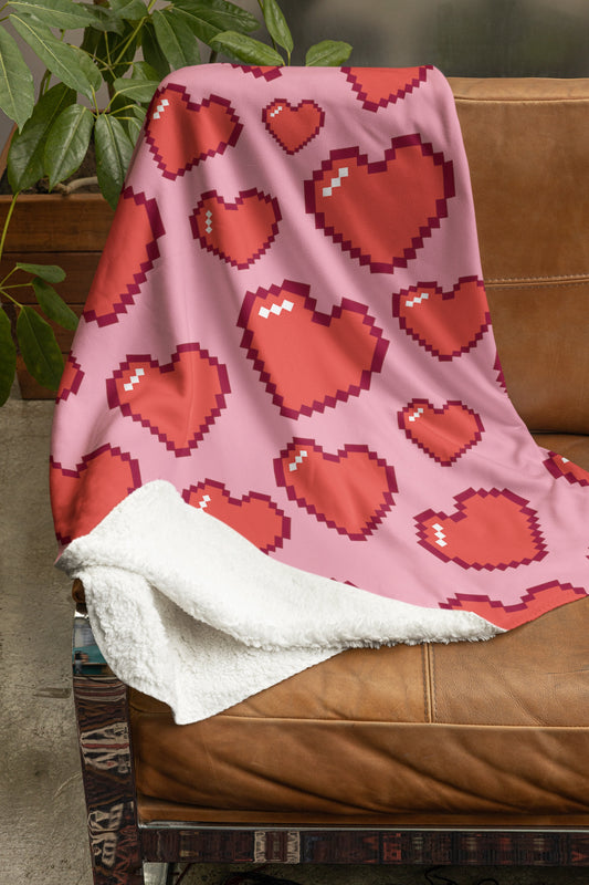 8bit Hearts Fleece Blanket Pink