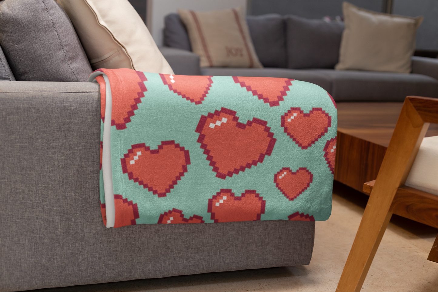 8bit Hearts Fleece Blanket Aqua
