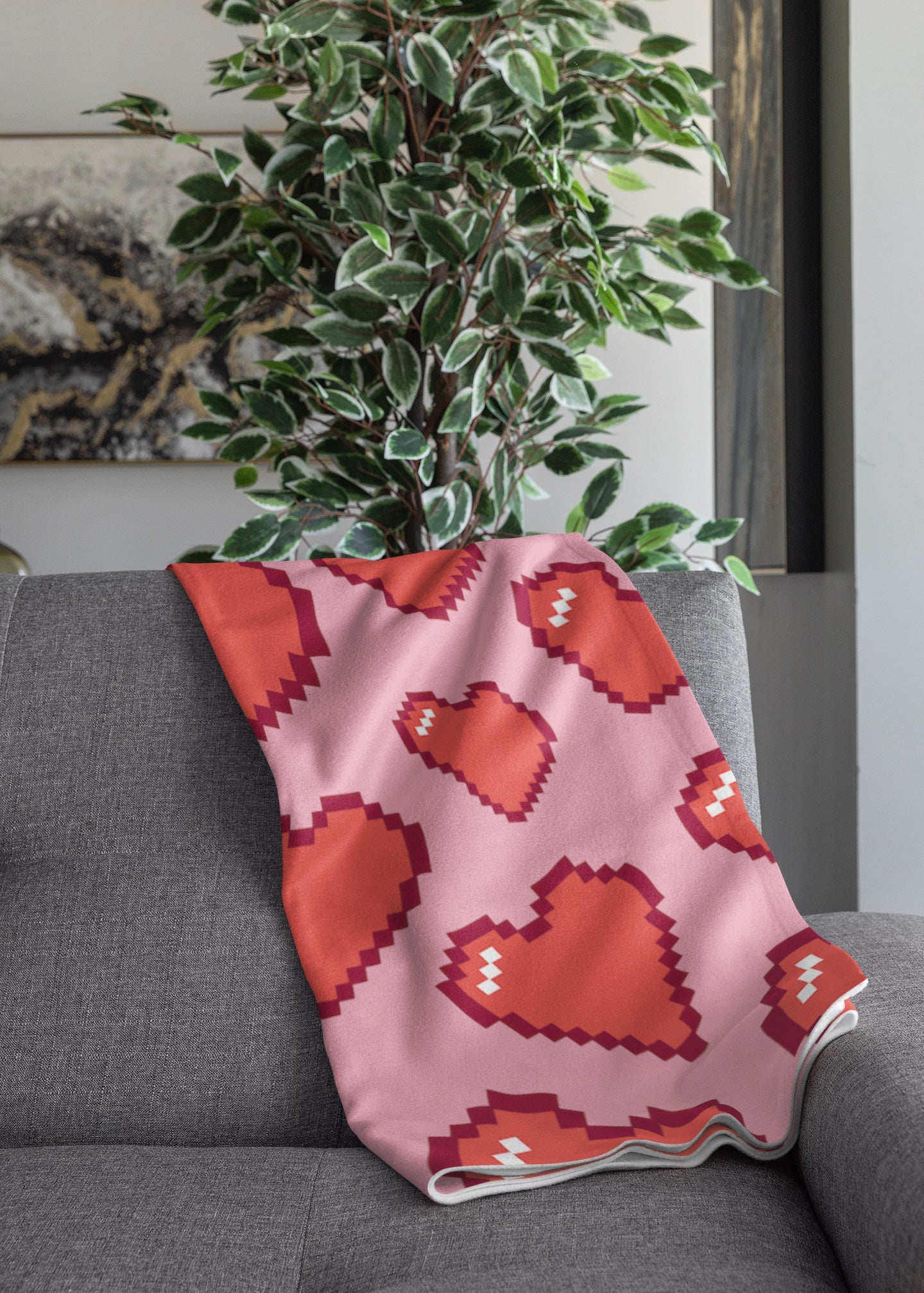 8bit Hearts Fleece Blanket Pink