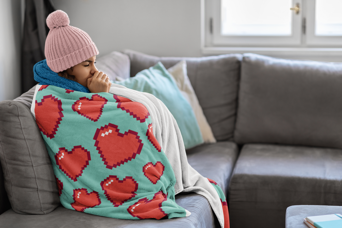 8bit Hearts Fleece Blanket Aqua