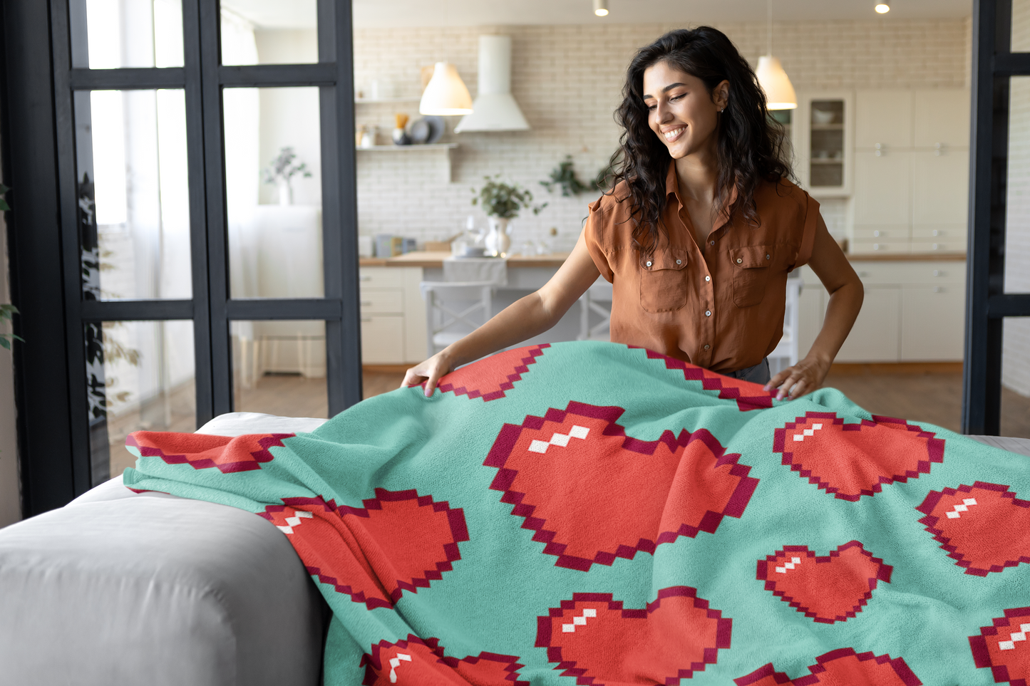 8bit Hearts Fleece Blanket Aqua
