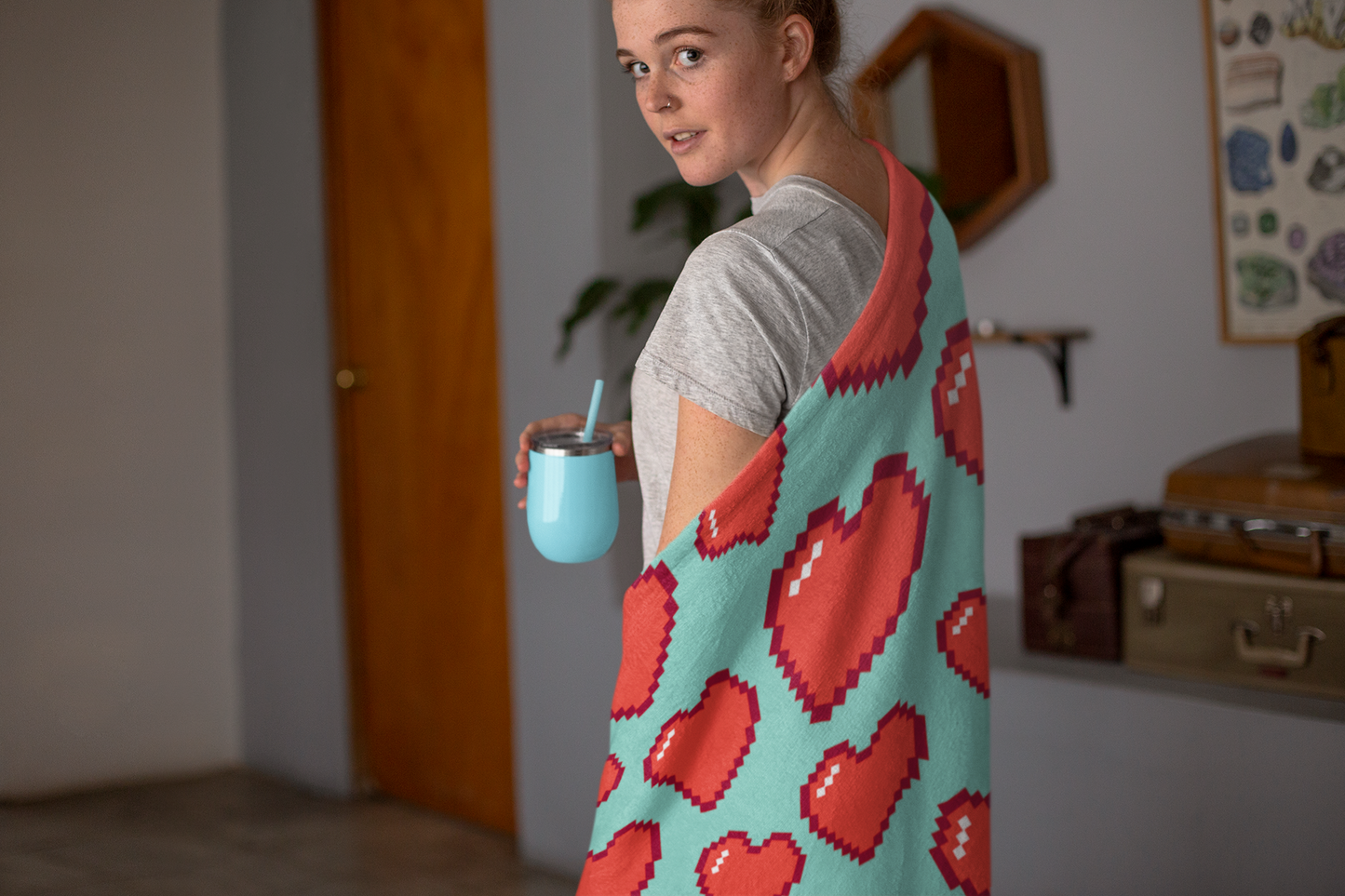 8bit Hearts Fleece Blanket Aqua