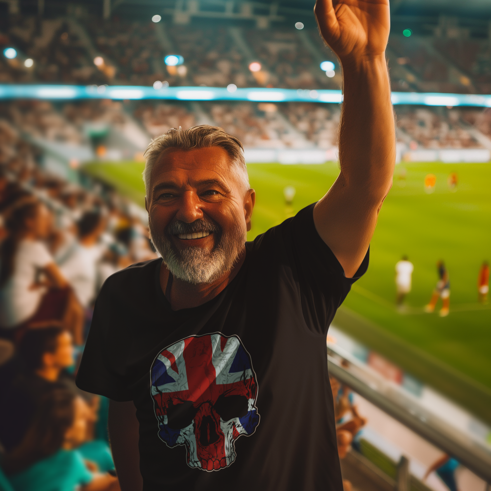 Man waving at a sports event with a Union Jack design on his shirt