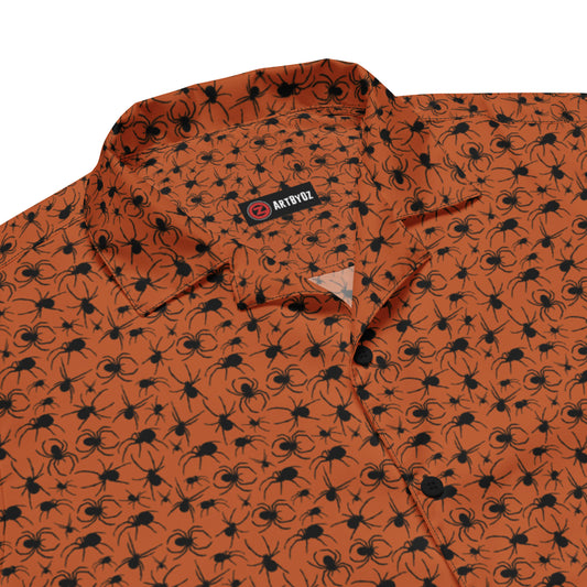 KILLER SPIDERS ON ORANGE HAWAIIAN SHIRT