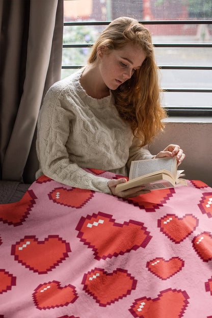 8bit Hearts Fleece Blanket Pink