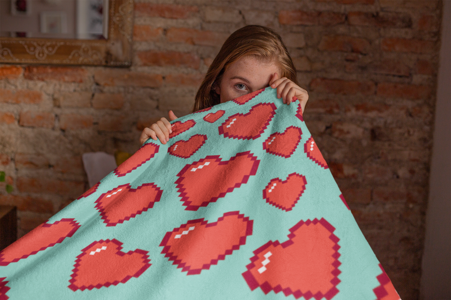 8bit Hearts Fleece Blanket Aqua