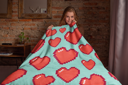8bit Hearts Fleece Blanket Aqua