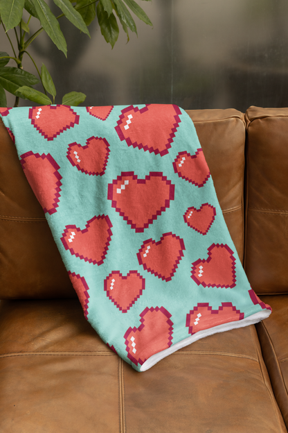 8bit Hearts Fleece Blanket Aqua